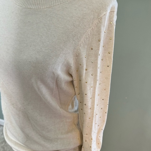 EXPRESS BEIGE CREWNECK LONG SLEEVE SWEATER WITH GOLD STUD ARM DETAILS - Picture 2 of 2